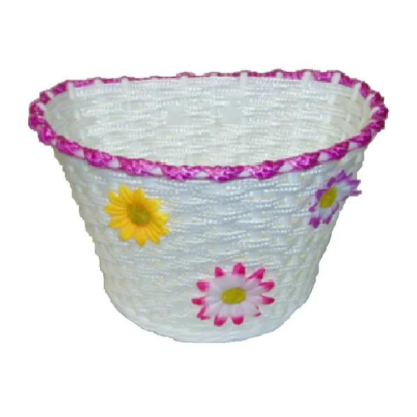 Kids Basket White Woven W/ Magenta Strip and Small Flowers